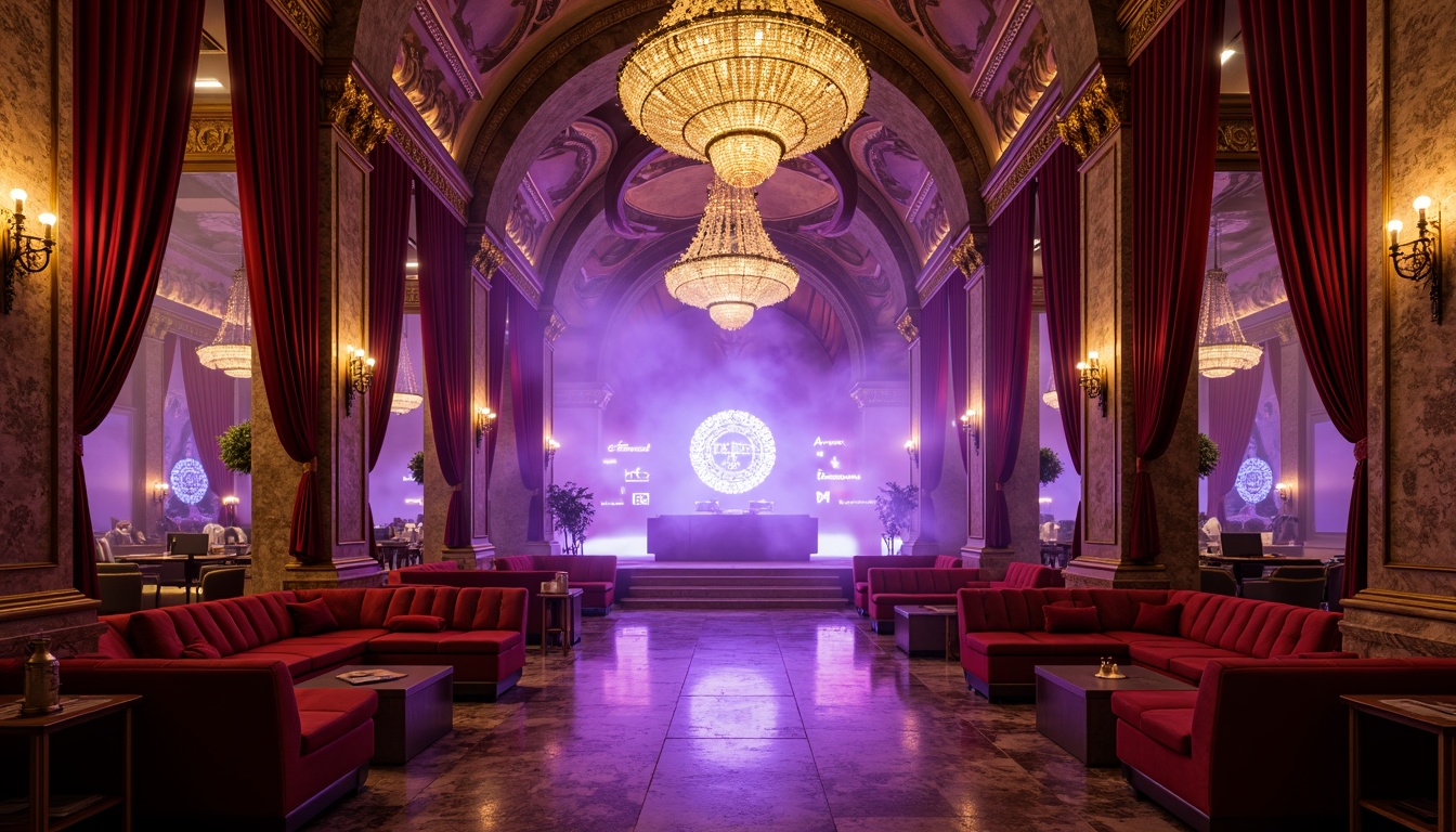 Prompt: Richly ornamented nightclub interior, Romanesque arches, grand chandeliers, luxurious velvet drapes, ornate golden accents, lavish marble floors, intimate VIP areas, plush crimson sofas, mystical purple lighting, fog machines, strobe lights, DJ booth with LED screens, elevated dance floor, majestic stone columns, intricate mosaics, warm candlelight, dramatic ceiling heights, 1/2 composition, low-key warm lighting, realistic reflections.