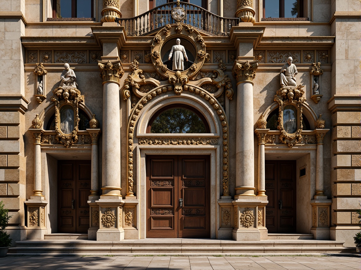 Prompt: Ornate church facade, intricately carved stone walls, gilded details, ornamental columns, grand entranceways, rusticated quoins, weathered limestone, aged bronze doors, stained glass windows, vibrant frescoes, decorative pediments, sculpted saints, lavish ornamentation, warm golden lighting, dramatic shadows, high contrast ratio, 1/2 composition, symmetrical framing, realistic normal maps.