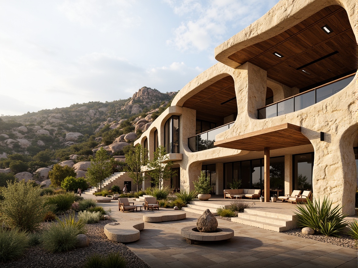 Prompt: Rustic hillside, natural stone walls, earthy tones, organic curves, cantilevered roofs, large overhangs, wooden accents, steel beams, minimalist decor, floor-to-ceiling windows, sliding glass doors, panoramic views, surrounding landscape, native vegetation, winding pathways, outdoor seating areas, soft warm lighting, shallow depth of field, 3/4 composition, realistic textures, ambient occlusion.