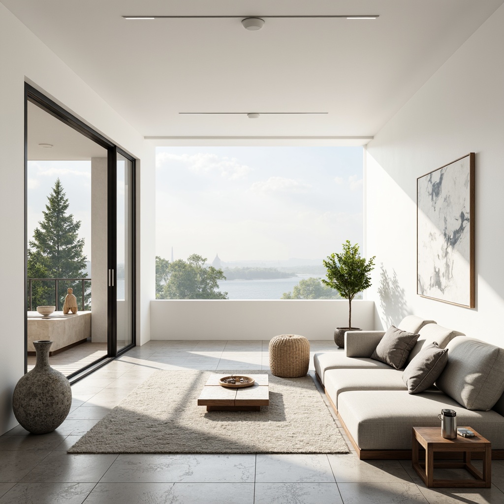 Prompt: Simple white walls, large windows, sliding glass doors, natural stone floors, minimal ornamentation, clean lines, monochromatic color scheme, abundant natural light, indirect sunlight, soft shadows, subtle textures, Nordic-inspired furniture, low-profile sofas, sleek coffee tables, potted greenery, airy atmosphere, calm ambiance, shallow depth of field, 1/1 composition, realistic rendering, ambient occlusion.