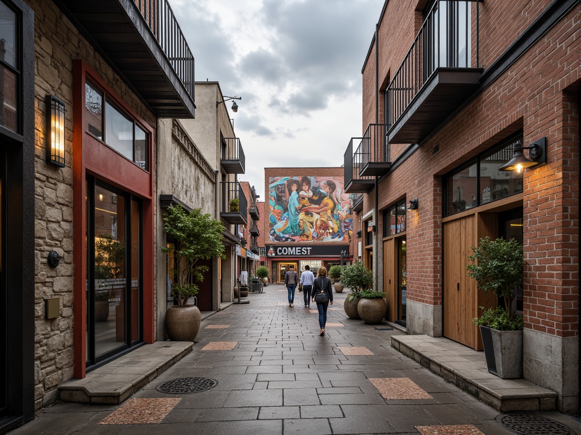 Prompt: Rough stone walls, weathered wooden planks, rusty metal cladding, smooth concrete floors, intricate tile patterns, vibrant colorful murals, natural brick facades, ornate stucco details, distressed finishes, industrial chic aesthetic, urban cityscape, cloudy grey sky, dramatic spotlighting, high contrast shadows, 1/1 composition, symmetrical framing, realistic material textures, ambient occlusion.