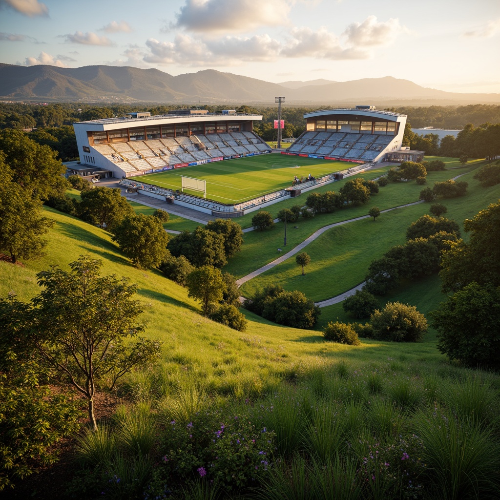 Prompt: Savanna landscape, lush green grass, scattered acacia trees, rolling hills, natural stone terracing, rustic wooden fences, soccer stadium architecture, curved grandstands, vibrant team colors, floodlighting, evening atmosphere, warm golden lighting, shallow depth of field, 3/4 composition, panoramic view, realistic textures, ambient occlusion, tropical plants, exotic flowers, meandering pathways, organic shapes, earthy tones, natural materials, eco-friendly design.