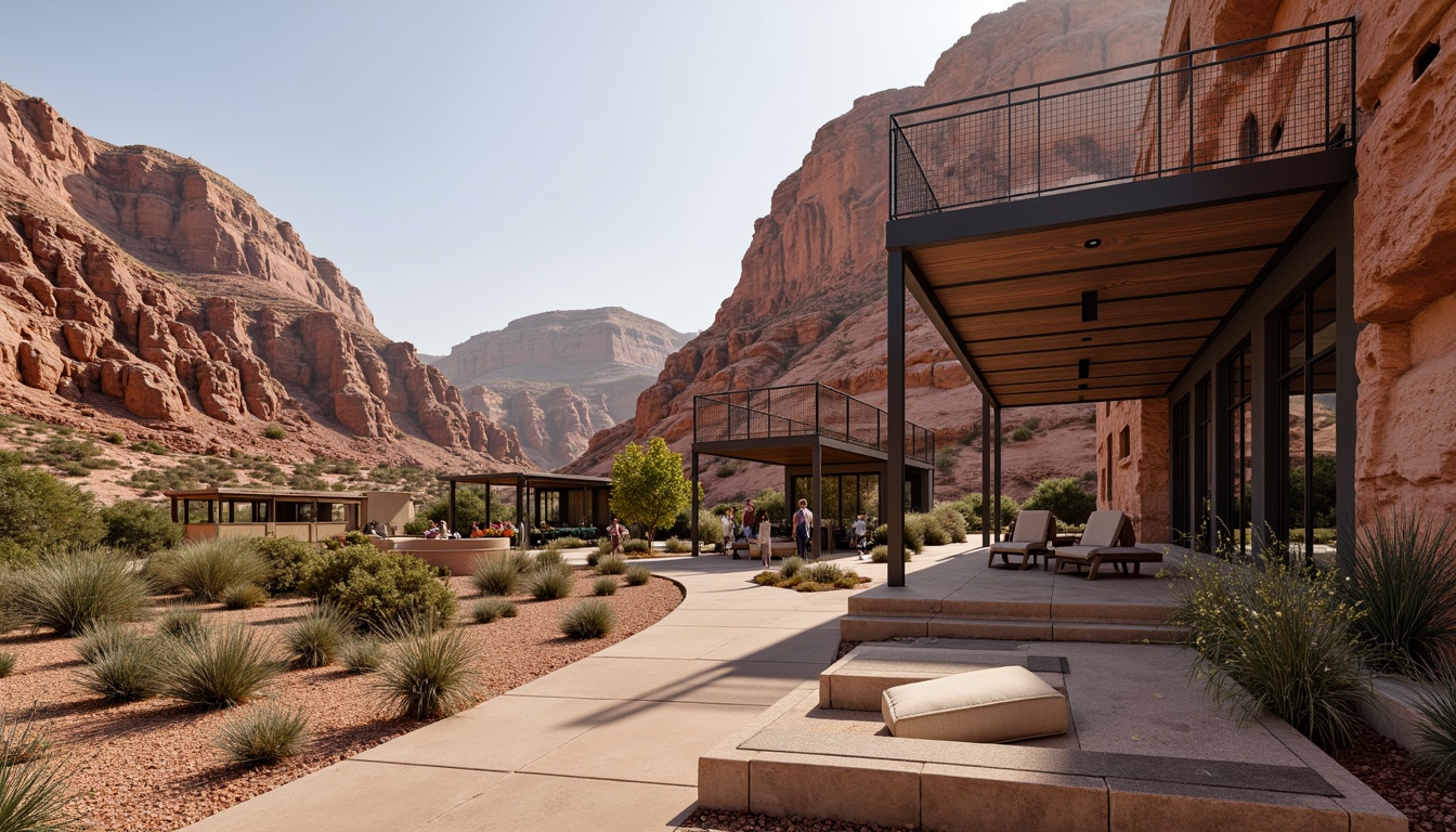 Prompt: Rugged canyon landscape, rust-colored rock formations, modernist architecture, cantilevered buildings, steel frames, glass facades, minimalist design, clean lines, industrial materials, exposed ductwork, polished concrete floors, reclaimed wood accents, metal mesh railings, floor-to-ceiling windows, sliding glass doors, natural ventilation systems, passive solar design, desert flora, succulent plants, sandy terrain, warm sunny day, high contrast lighting, dramatic shadows, 1/1 composition, symmetrical framing, realistic textures, ambient occlusion.