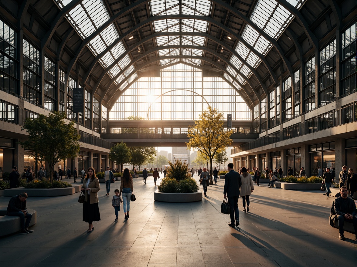 Prompt: Grand train station, high ceilings, large windows, natural light pouring in, steel beams, industrial architecture, modern design, urban atmosphere, busy commuters, rush hour scene, soft warm lighting, shallow depth of field, 1/1 composition, realistic textures, ambient occlusion, glass roofs, skylights, clerestory windows, open spaces, pedestrian walkways, public art installations, urban furniture, greenery, plants, trees.