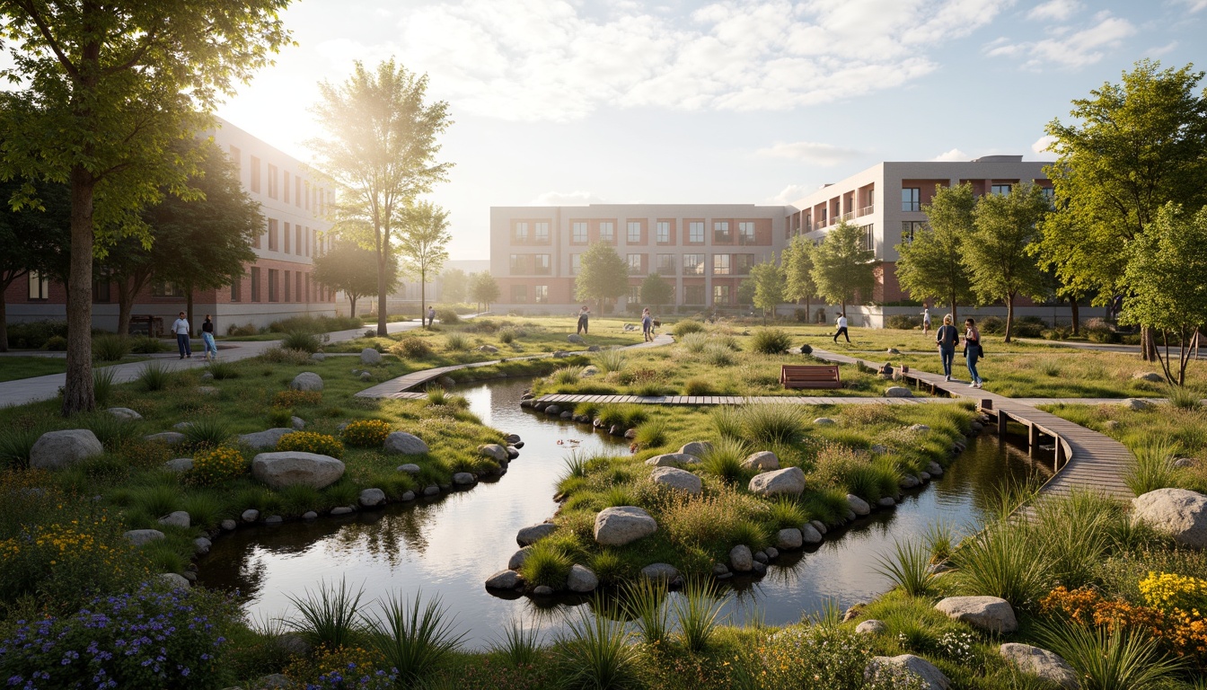 Prompt: Serene wetland landscape, lush vegetation, tranquil water features, meandering streams, natural stone pathways, wooden boardwalks, observation decks, educational signage, native plant species, vibrant wildflowers, soft misty atmosphere, warm golden lighting, shallow depth of field, 3/4 composition, panoramic view, realistic textures, ambient occlusion, harmonious integration with surrounding architecture, sustainable design principles, eco-friendly materials, innovative stormwater management systems.