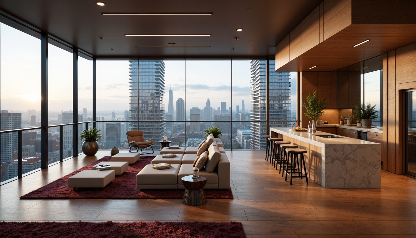 Prompt: Luxurious penthouse interior, rich wood flooring, velvety soft carpets, sleek marble countertops, metallic accents, glass railings, floor-to-ceiling windows, breathtaking city views, modern minimalist decor, ambient warm lighting, shallow depth of field, 1/1 composition, realistic reflections, detailed normal maps.