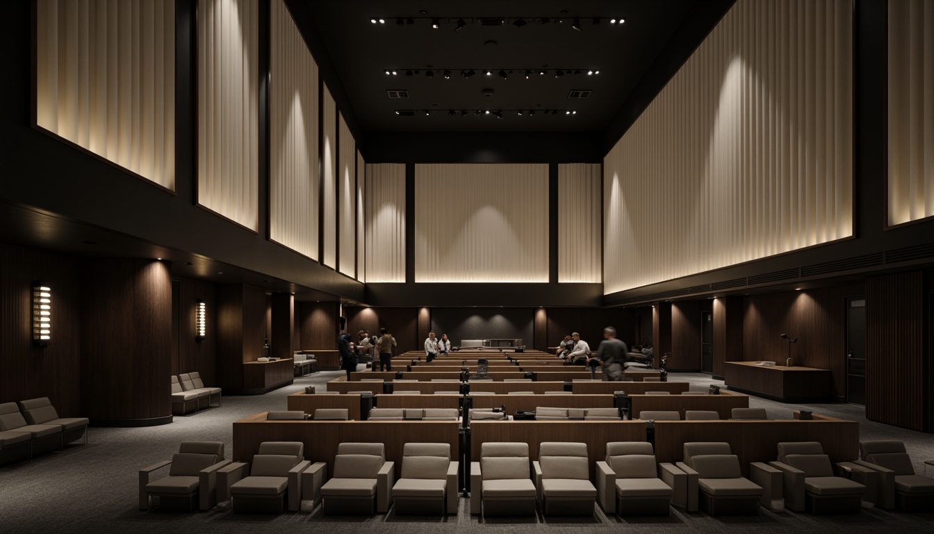 Prompt: Monochromatic theater interior, sleek minimalist design, neutral color palette, soft warm lighting, dark wood accents, creamy white walls, subtle texture contrasts, sparse decorative elements, modern auditorium seating, polished metal railings, dramatic spotlights, shallow depth of field, 1/1 composition, cinematic atmosphere, realistic shadows, ambient occlusion.