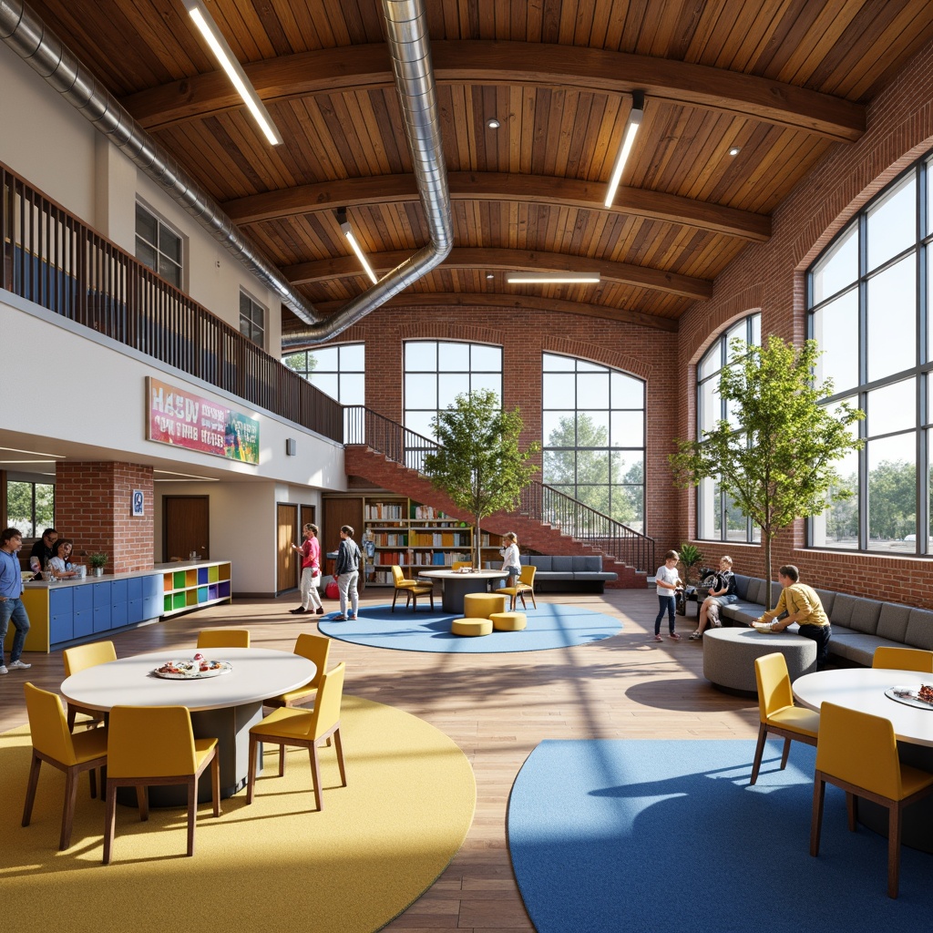 Prompt: Vibrant elementary school, curved brick fa\u00e7ade, large windows, wooden roof trusses, exposed ductwork, colorful lockers, educational signage, open classrooms, collaborative learning spaces, circular tables, ergonomic chairs, soft carpet flooring, natural stone walls, modern staircases, stainless steel handrails, LED lighting systems, 3/4 composition, shallow depth of field, panoramic view, realistic textures, ambient occlusion.