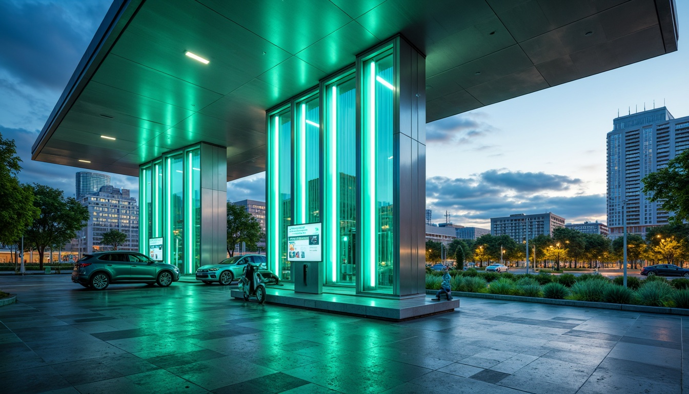 Prompt: Vibrant electric vehicle charging station, modern minimalist architecture, sleek metal columns, LED lighting strips, dynamic digital displays, futuristic design elements, calming blue-green color scheme, soothing ambient lighting, natural stone flooring, eco-friendly materials, innovative energy storage systems, urban cityscape background, cloudy sky with sunbeams, shallow depth of field, 1/1 composition, realistic textures, subtle gradient effects.