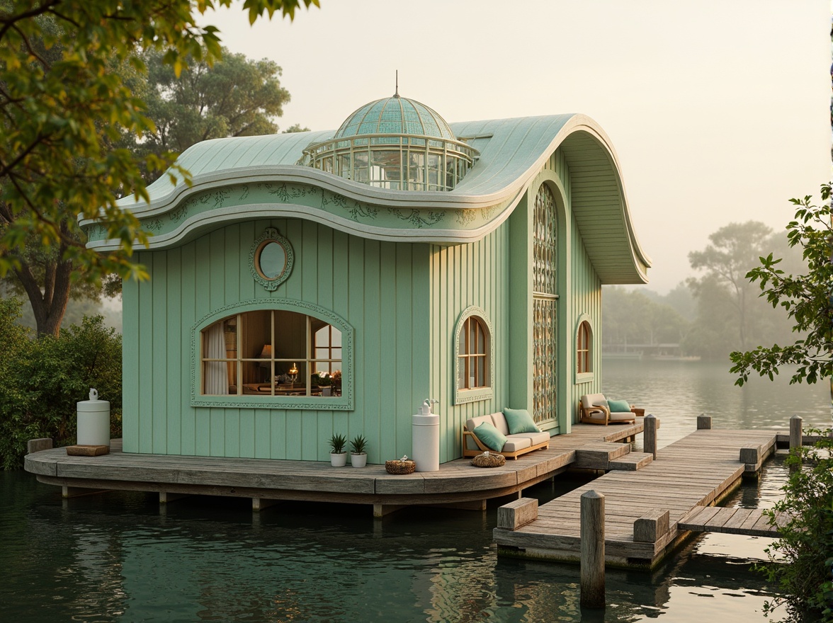 Prompt: Whimsical boathouse, soft mint green exterior, ornate Art Nouveau details, flowing curves, organic forms, delicate filigree, pastel color scheme, creamy whites, pale blues, warm beige accents, rustic wooden docks, lush water plants, serene lake surroundings, misty morning atmosphere, warm golden lighting, shallow depth of field, 1/2 composition, romantic soft focus, intricate textures, subtle ambient occlusion.