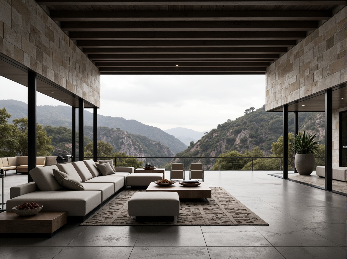 Prompt: Canyon-inspired modernist building interior, open-plan living space, minimalist decor, sleek low-profile furniture, polished concrete floors, industrial-style metal beams, floor-to-ceiling windows, panoramic canyon views, natural stone accent walls, geometric patterned rugs, monochromatic color scheme, ambient soft lighting, 1/1 composition, shallow depth of field, realistic textures, subtle shadows.