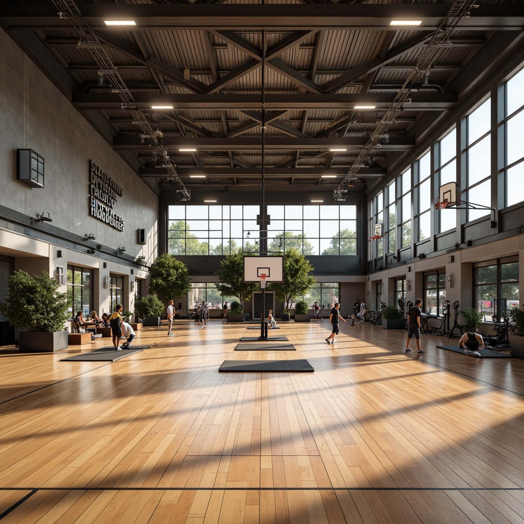 Prompt: Modern gymnasium interior, high ceilings, polished wooden floors, mirrored walls, professional sports equipment, basketball hoops, volleyball nets, athletic tracks, exercise machines, free weights, yoga mats, motivational quotes, natural light, soft warm lighting, shallow depth of field, 3/4 composition, panoramic view, realistic textures, ambient occlusion.