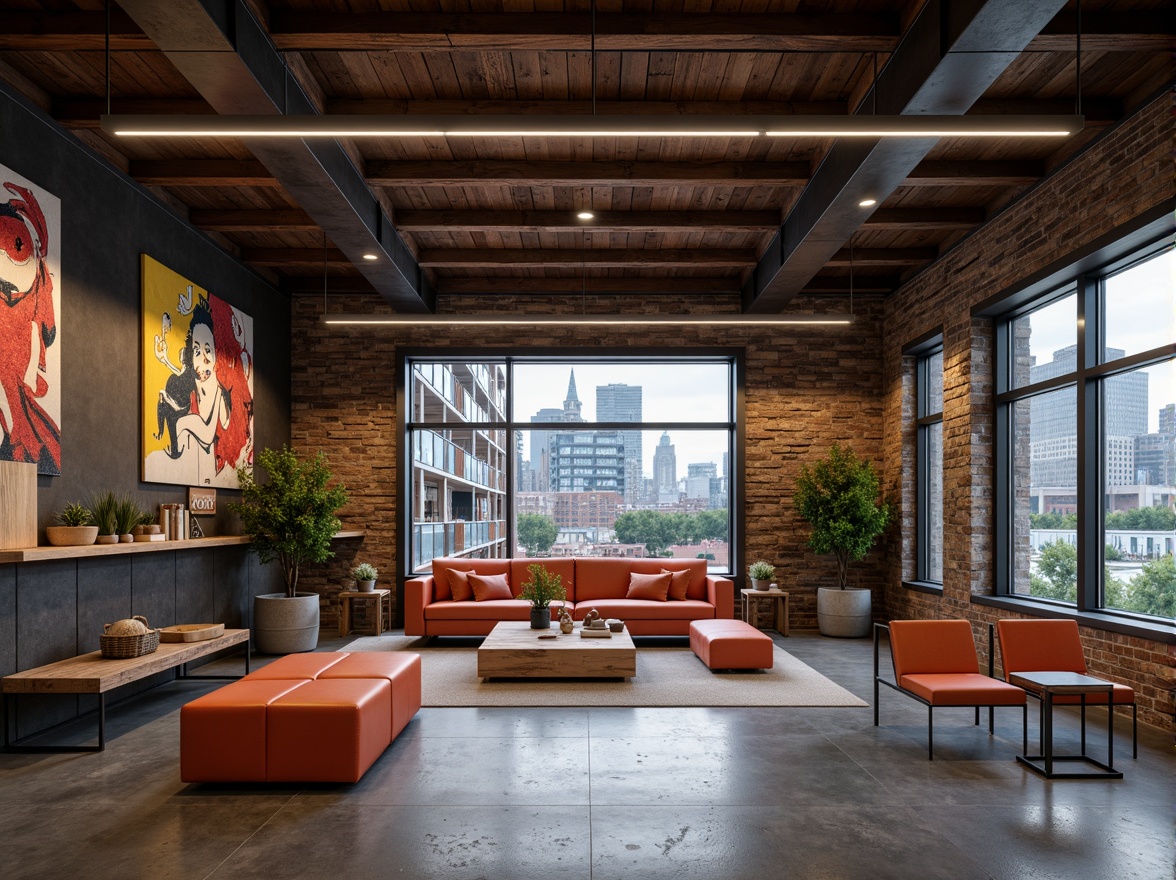 Prompt: Rustic metal beams, distressed wood planks, rough-hewn stone walls, industrial concrete floors, exposed ductwork, minimalist lighting fixtures, geometric-shaped furniture, bold color accents, abstract artwork, urban cityscape views, overcast skies, dramatic shadows, high-contrast lighting, 1/1 composition, symmetrical framing, gritty textures, ambient occlusion.