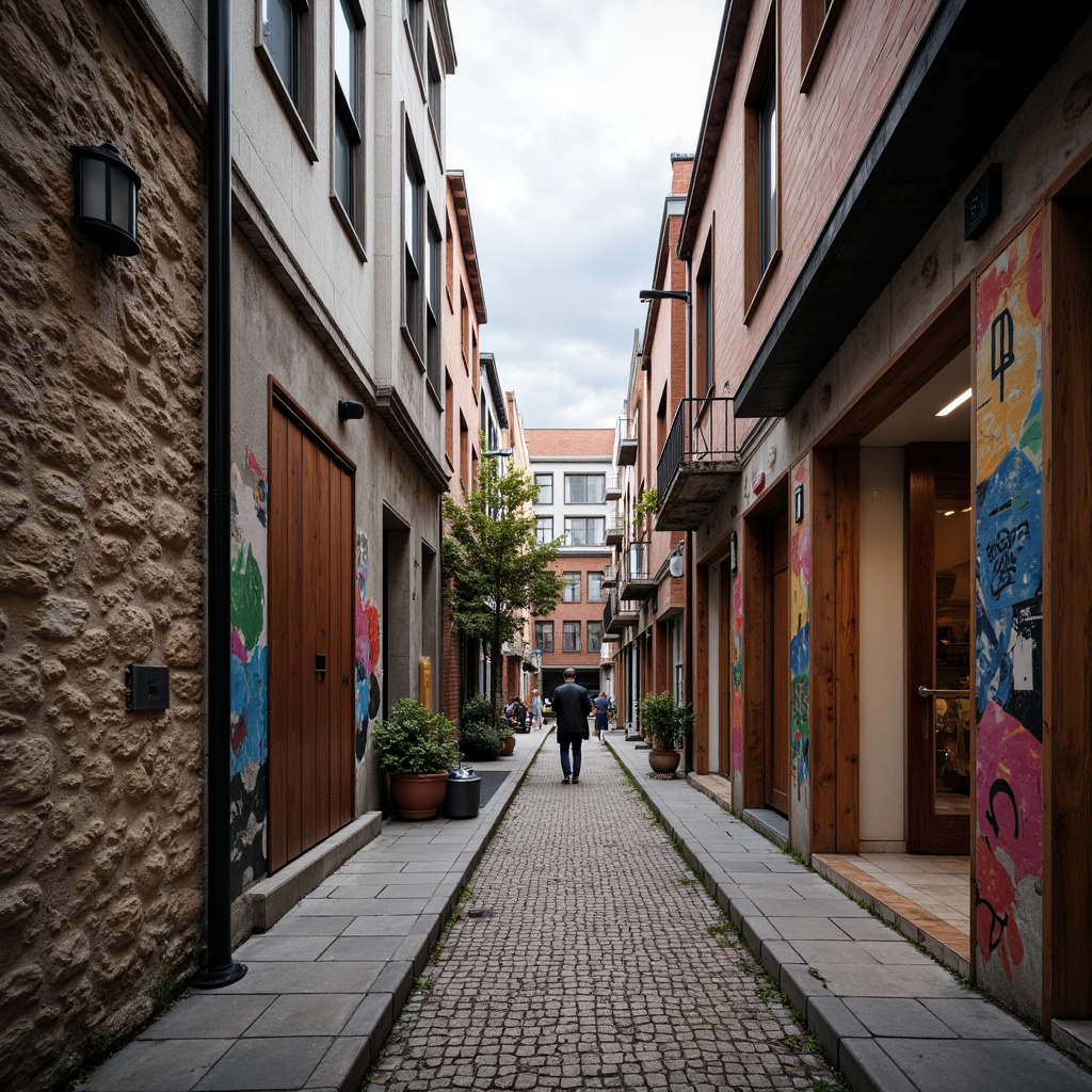 Prompt: Rough stone walls, weathered wooden planks, rusty metal cladding, smooth concrete floors, intricate tile patterns, vibrant colorful murals, natural brick facades, ornate stucco details, distressed finishes, industrial chic aesthetic, urban cityscape, cloudy grey sky, dramatic spotlighting, high contrast shadows, 1/1 composition, symmetrical framing, realistic material textures, ambient occlusion.