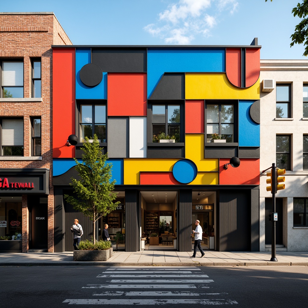 Prompt: Vibrant storefront, expressive asymmetrical facade, bold geometric shapes, bright primary colors, abstract patterns, dynamic angular lines, irregular forms, eclectic mix of materials, industrial metal accents, reclaimed wood textures, urban cityscape, bustling streets, pedestrian traffic, morning sunlight, high-contrast shadows, dramatic spotlighting, 1/2 composition, low-angle shot, gritty realistic rendering.