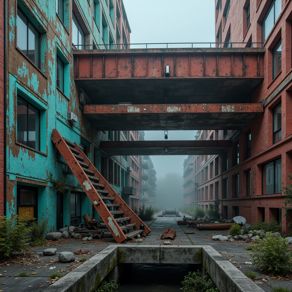 Prompt: Deconstructed bridge, fragmented steel beams, rusted metal textures, worn concrete surfaces, abstract geometric shapes, bold color contrasts, vibrant turquoise accents, deep crimson hues, metallic silver reflections, industrial urban landscape, misty atmospheric effects, dramatic lighting, high-contrast shadows, 1/2 composition, cinematic camera angles, realistic material renderings, ambient occlusion.