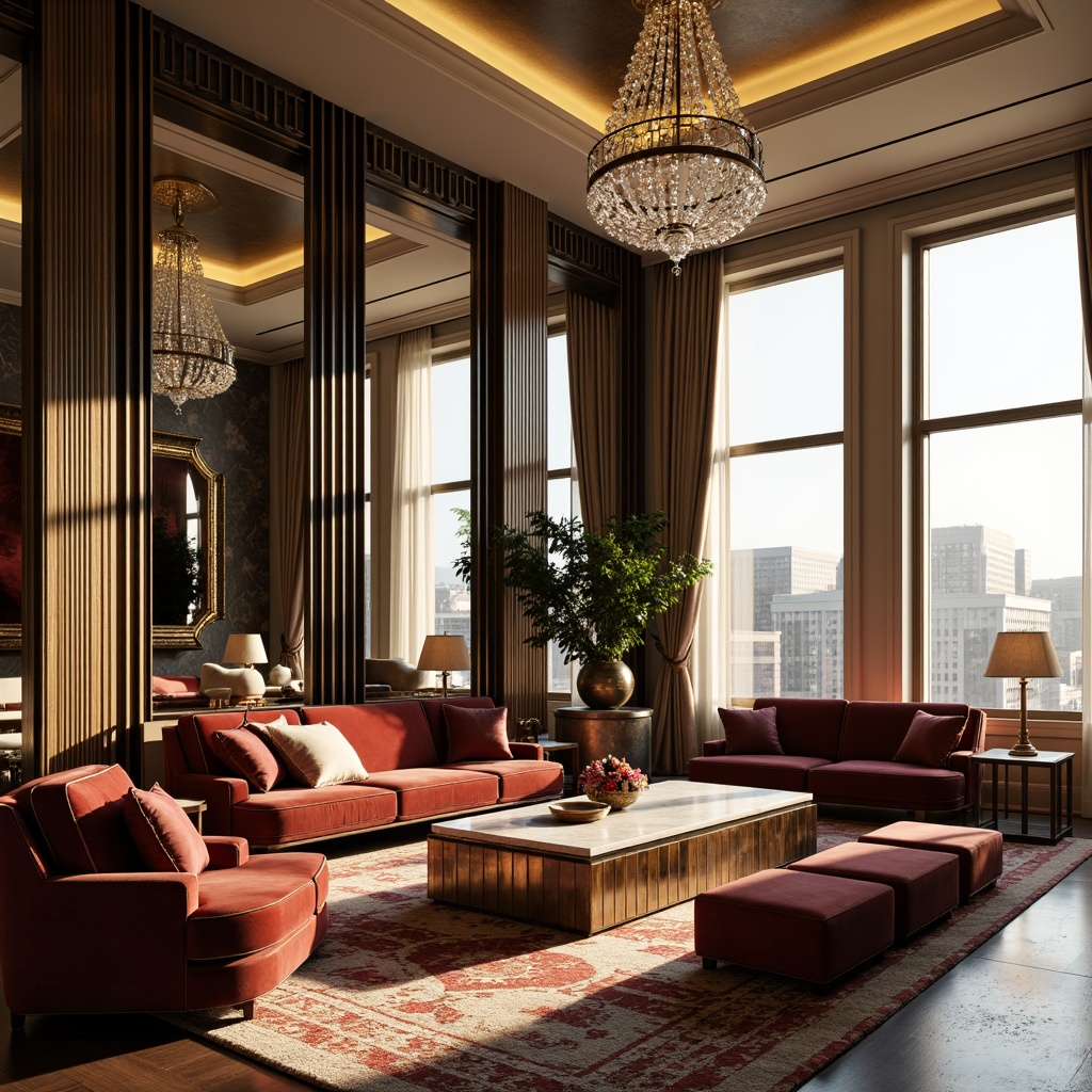 Prompt: Luxurious modern living room, Art Deco inspired furniture, metallic accents, geometric patterns, ornate mirrors, velvet sofas, marble coffee tables, crystal chandeliers, bold color schemes, opulent textiles, lavish drapery, sunlit windows, high ceilings, sleek lines, minimalist decor, sophisticated ambiance, warm golden lighting, shallow depth of field, 1/1 composition, realistic reflections, ambient occlusion.