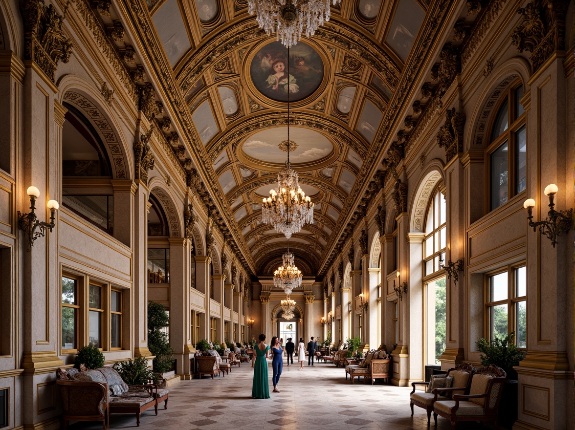 Prompt: Ornate Renaissance-style ceiling, intricate Baroque patterns, gilded details, ornamental moldings, fresco paintings, vaulted arches, grand chandeliers, crystal droplets, luxurious fabrics, rich wood tones, antique furnishings, majestic columns, marble floors, soft warm lighting, shallow depth of field, 1/1 composition, realistic textures, ambient occlusion.