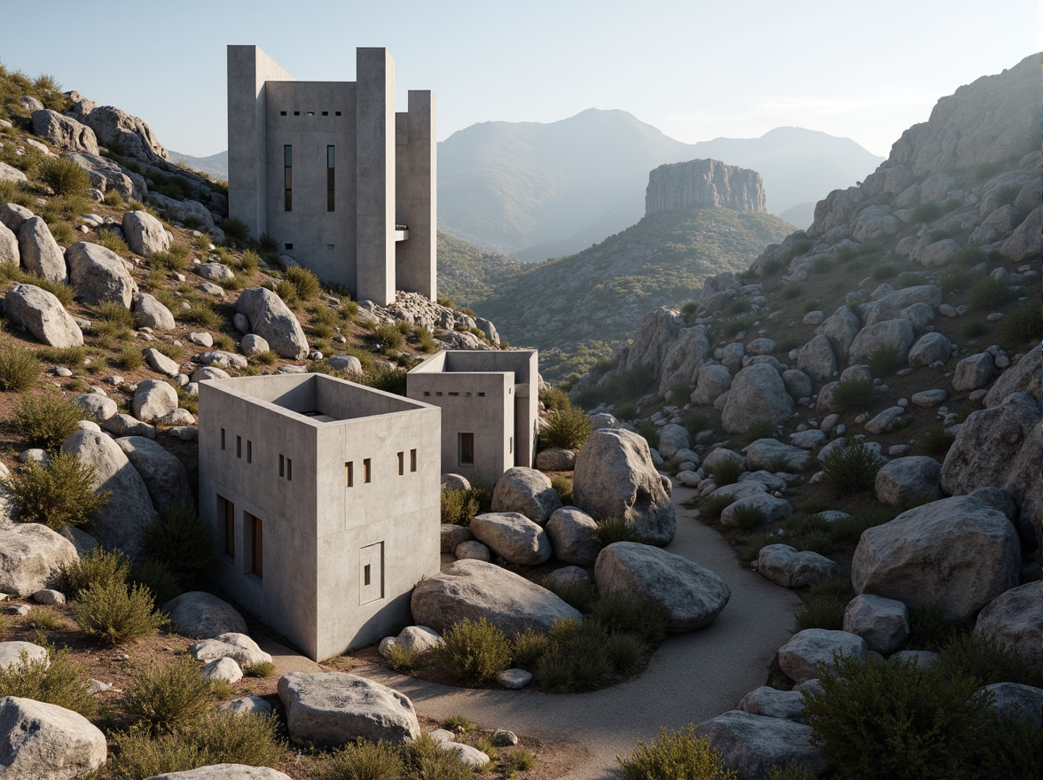 Prompt: Rugged natural landscape, rocky outcrops, sparse vegetation, brutalist concrete buildings, fortress-like structures, angular forms, raw unfinished surfaces, industrial materials, exposed ductwork, minimalist decor, functional simplicity, dramatic shadows, high-contrast lighting, cinematic atmosphere, 1/1 composition, low-angle shot, realistic textures, ambient occlusion.