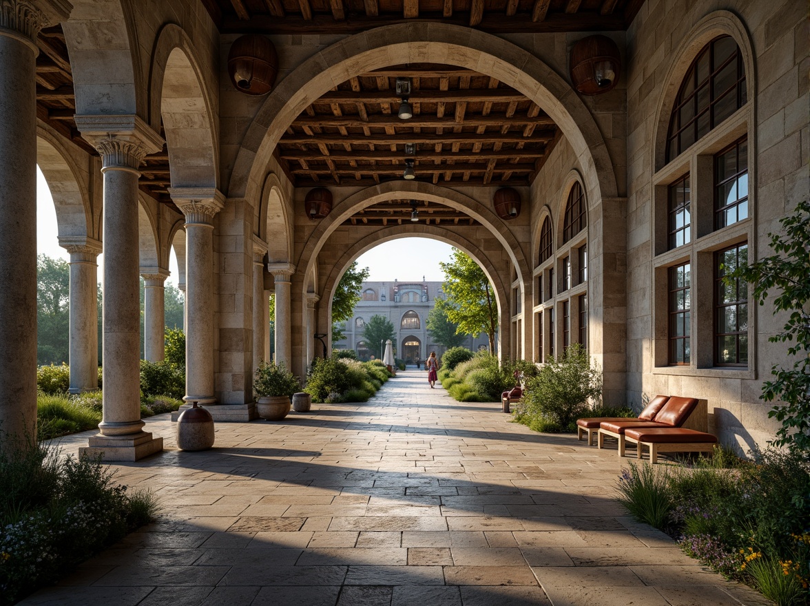 Prompt: Ancient stone archways, rustic Romanesque columns, ornate carvings, grand entrance halls, vaulted ceilings, stained glass windows, intricate mosaics, weathered stone walls, moss-covered facades, lush greenery, overcast skies, soft warm lighting, shallow depth of field, 3/4 composition, symmetrical framing, realistic textures, ambient occlusion.