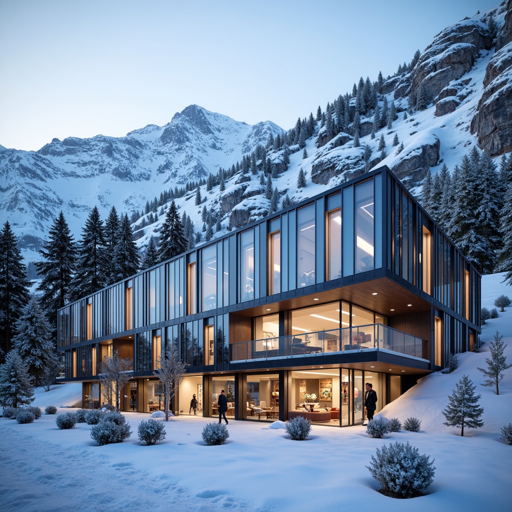 Prompt: Snow-capped mountains, frosty mornings, ski resort architecture, modern facade design, angular lines, metallic materials, glass surfaces, LED lighting installations, dynamic patterns, kinetic structures, wind-resistant designs, snow-load calculations, thermal insulation systems, energy-efficient solutions, sustainable building practices, wooden accents, rustic textures, cozy interior ambiance, warm lighting effects, 3/4 composition, shallow depth of field, panoramic views, realistic renderings, ambient occlusion.