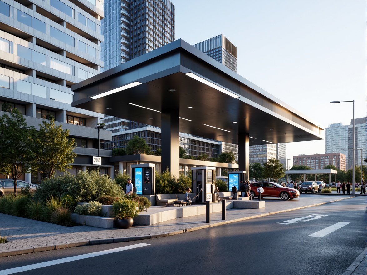 Prompt: Modern gas station, sleek metal canopy, LED lighting, futuristic fuel pumps, digital display screens, minimalist architecture, angular lines, industrial materials, urban cityscape, busy streets, morning sunlight, shallow depth of field, 3/4 composition, panoramic view, realistic textures, ambient occlusion, convenience store, coffee shop, seating area, free Wi-Fi, electric vehicle charging stations, solar panels, green roofs, eco-friendly design.