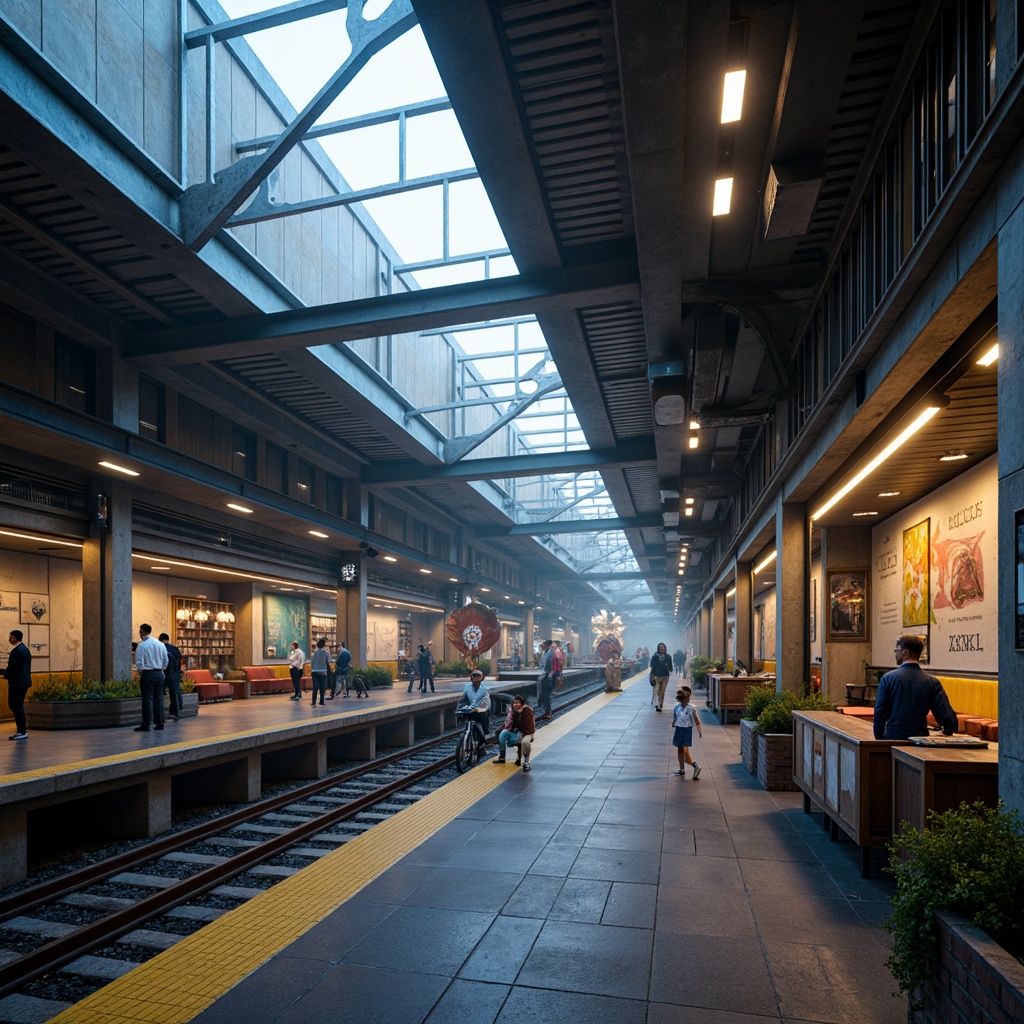 Prompt: Geometric station architecture, industrial materials, exposed pipes, metallic beams, urban cityscape, busy streets, modern transportation hub, abstract sculptures, bold color schemes, dynamic lighting effects, futuristic ambiance, high-contrast shadows, dramatic camera angles, 1/2 composition, cinematic mood, atmospheric fog, realistic reflections, intricate details.