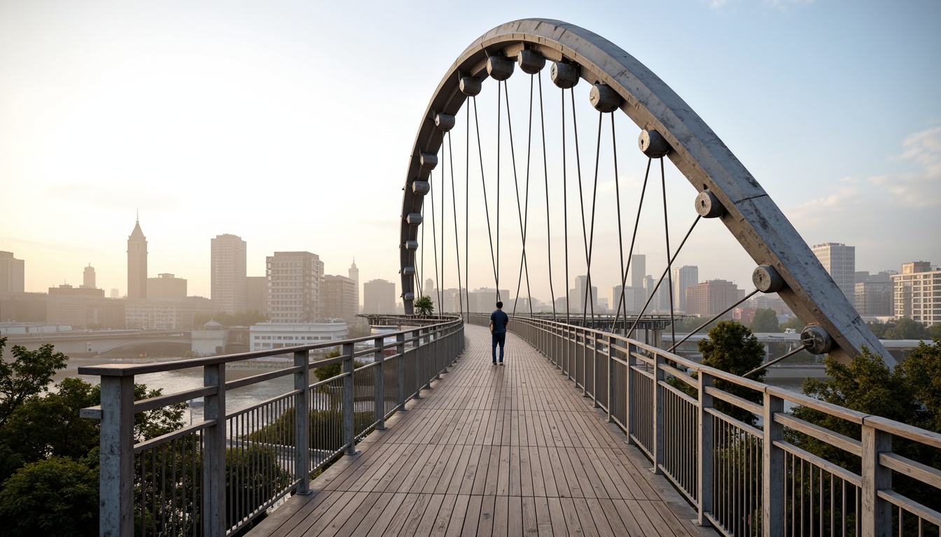 Prompt: Curved pedestrian bridge, steel arches, suspension cables, wooden decking, metal railings, urban landscape, city skyline, morning fog, soft warm lighting, shallow depth of field, 3/4 composition, panoramic view, realistic textures, ambient occlusion, modern architecture, sleek lines, minimalist design, innovative materials, eco-friendly construction, accessible ramps, safety barriers, scenic overlooks, river views, natural surroundings.