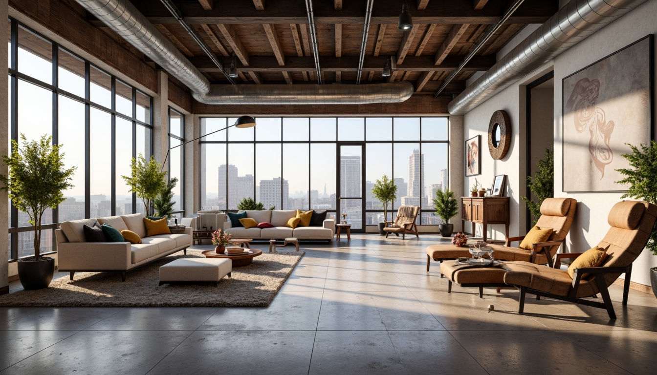 Prompt: Airy loft interior, exposed ductwork, industrial chic decor, polished concrete floors, minimalist furniture, floor-to-ceiling windows, natural light pouring in, urban cityscape views, steel beams, reclaimed wood accents, modern art pieces, eclectic textiles, cozy reading nooks, flexible open layout, functional zones, flowing curves, organic shapes, futuristic ambiance, soft warm lighting, shallow depth of field, 1/1 composition, panoramic view, realistic textures, ambient occlusion.