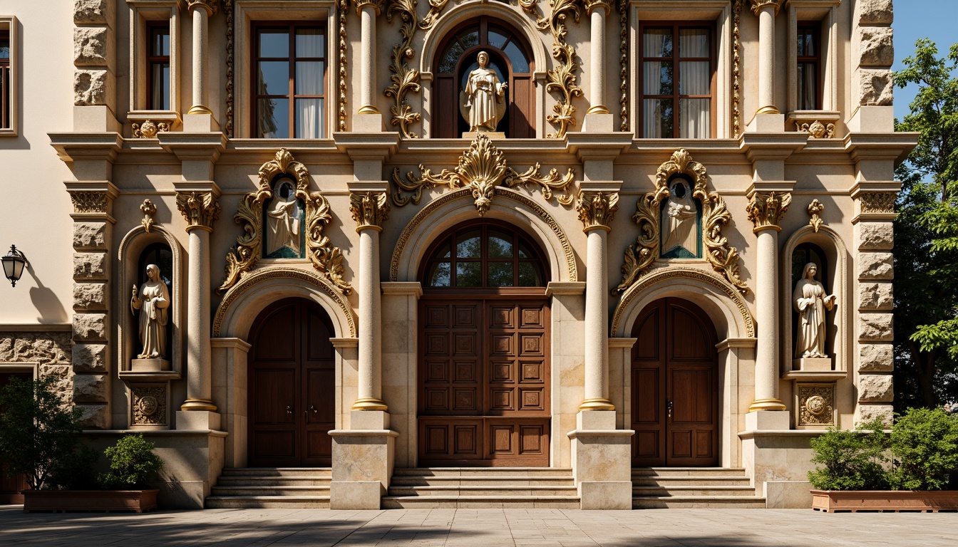 Prompt: Ornate church facade, intricately carved stone walls, gilded details, ornamental columns, grand entranceways, rusticated quoins, weathered limestone, aged bronze doors, stained glass windows, vibrant frescoes, decorative pediments, sculpted saints, lavish ornamentation, warm golden lighting, dramatic shadows, high contrast ratio, 1/2 composition, symmetrical framing, realistic normal maps.