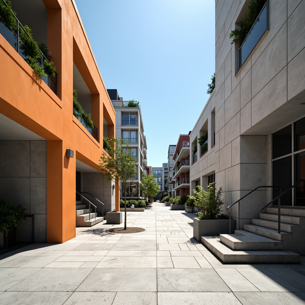 Prompt: Minimalist open plaza, clean lines, rectangular shapes, industrial materials, exposed ductwork, functional simplicity, bold typography, primary color accents, geometric patterns, urban landscape, modern cityscape, sunny day, high contrast lighting, deep depth of field, 1/1 composition, symmetrical framing, abstract textures, ambient occlusion.