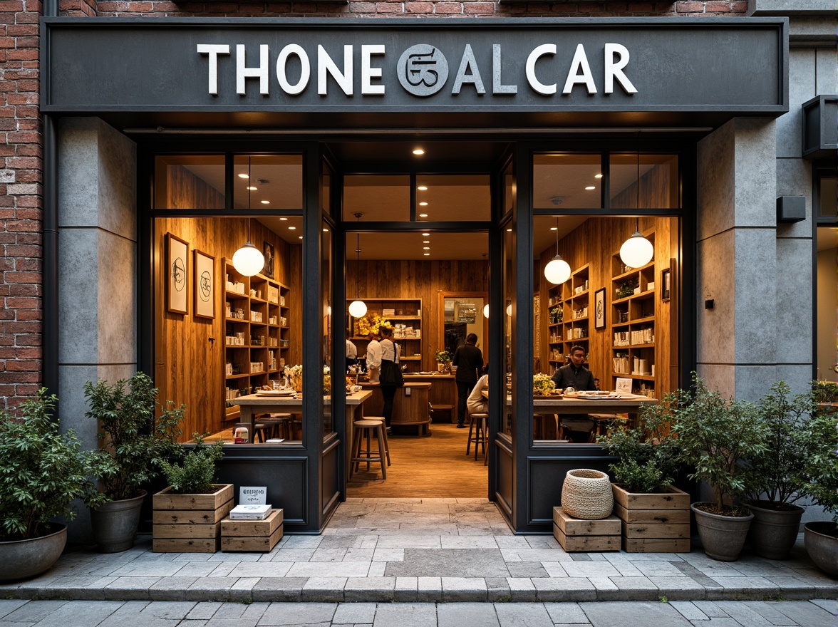 Prompt: Rustic storefront, reclaimed wood facades, exposed brick walls, metal accents, industrial chic decor, vintage signage, distressed finishes, earthy color palette, natural stone flooring, wooden crates, woven baskets, pendant lighting, warm ambient glow, shallow depth of field, 1/1 composition, realistic textures, ambient occlusion.