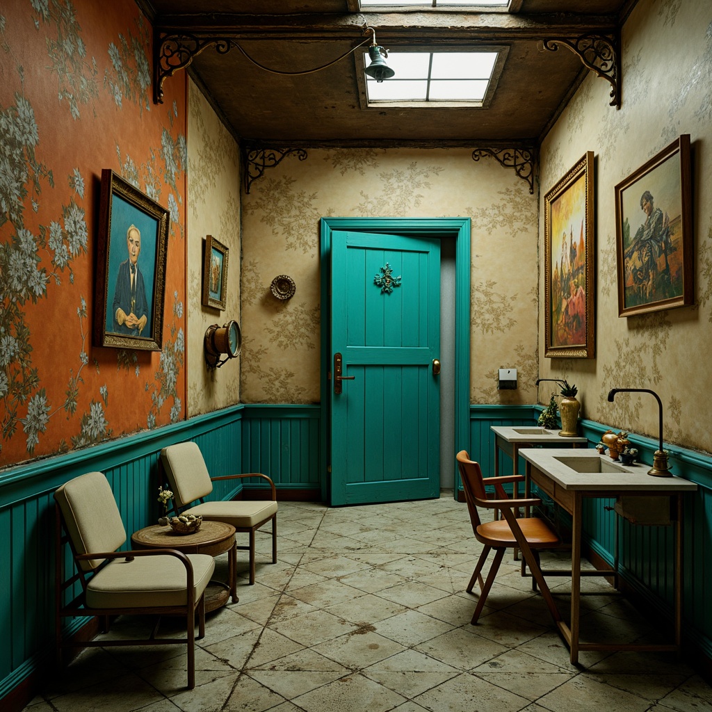 Prompt: Vibrant clinic, bold turquoise accents, warm beige walls, rich wood tones, eclectic art pieces, ornate metal fixtures, distressed finishes, abstract patterns, moody lighting, dramatic shadows, cinematic composition, 1/2 camera angle, high contrast ratio, gritty textures, ambient occlusion.