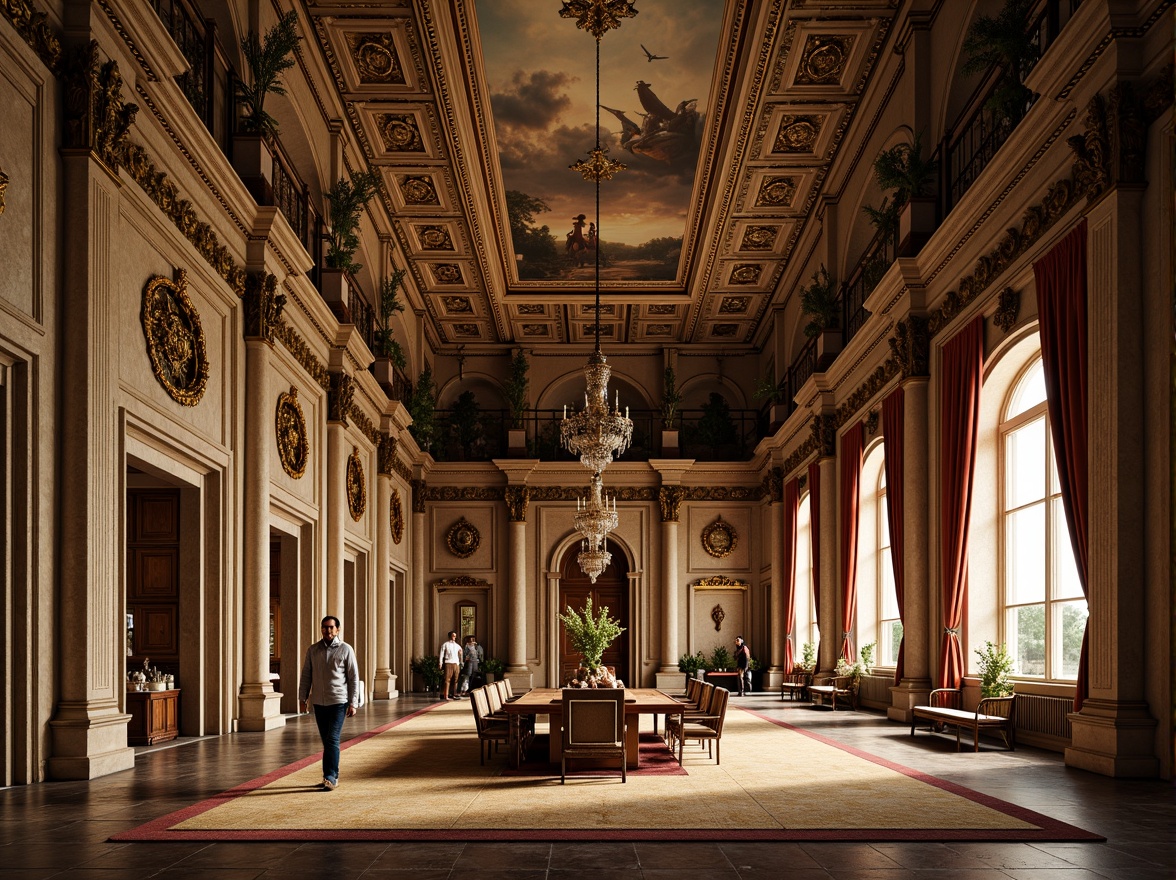 Prompt: Ornate Baroque palace, grandiose high ceilings, intricate plaster moldings, ornamental frescoes, gilded details, marble columns, Tuscan arches, rusticated quoins, carved wooden doors, polished stone floors, dramatic chiaroscuro lighting, warm golden tones, richly textured fabrics, lavish furnishings, 1/2 composition, symmetrical framing, soft focus effect, realistic material rendering.