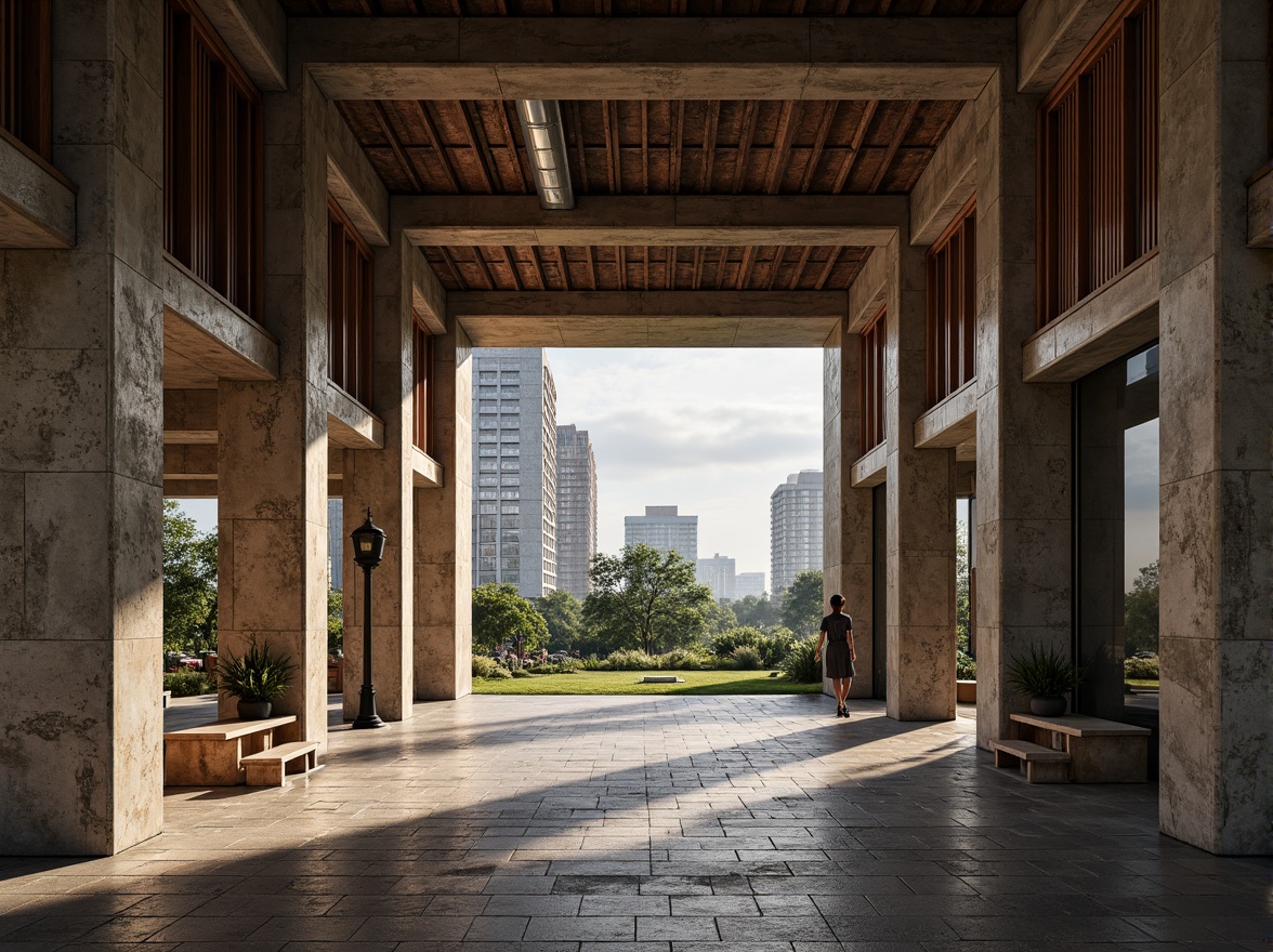 Prompt: Rugged pavilion, brutalist architecture, rough-hewn concrete walls, weathered stone floors, exposed ductwork, industrial metal beams, raw wooden accents, tactile brick textures, geometric patterned screens, dramatic natural light, harsh shadows, bold structural forms, monumental scale, urban landscape, overcast sky, diffused warm lighting, high contrast ratio, 1/2 composition, symmetrical framing, realistic material rendering.