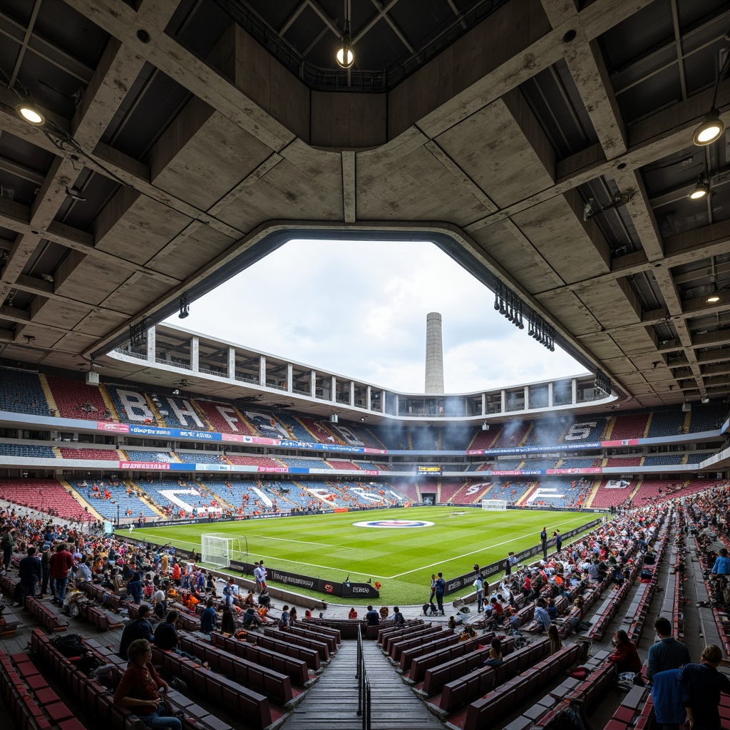 Prompt: Deconstructed soccer stadium interior, fragmented seating areas, irregularly shaped concession stands, distressed concrete walls, exposed ductwork, industrial-style lighting fixtures, reclaimed wood accents, abstract art installations, dynamic angular lines, asymmetrical compositions, bold color schemes, futuristic digital displays, immersive audio systems, atmospheric misting effects, 3/4 composition, shallow depth of field, realistic textures, ambient occlusion.