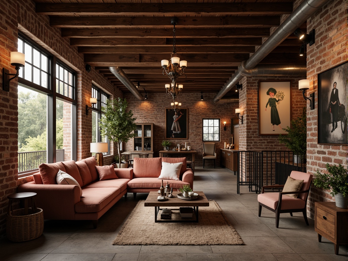 Prompt: Warm industrial loft, exposed brick walls, wooden beams, metal accents, soft warm lighting, cozy atmosphere, romantic ambiance, rich earthy tones, muted pastel hues, distressed wood textures, vintage decorative items, plush velvet fabrics, ornate metal fixtures, dimmable pendant lamps, eclectic artwork, natural stone flooring, reclaimed wood furniture, intimate seating areas, dramatic drapery, moody color palette, warm beige tones, soft peach accents, dusty rose undertones, muted sage greens, weathered copper details.