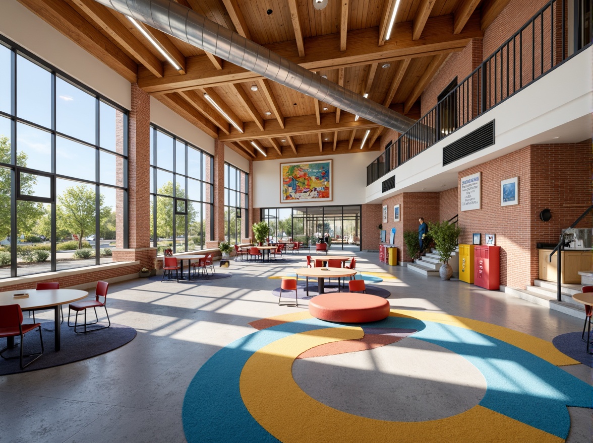 Prompt: Vibrant elementary school, curved brick fa\u00e7ade, large windows, wooden roof trusses, exposed ductwork, colorful lockers, educational signage, open classrooms, collaborative learning spaces, circular tables, ergonomic chairs, soft carpet flooring, natural stone walls, modern staircases, stainless steel handrails, LED lighting systems, 3/4 composition, shallow depth of field, panoramic view, realistic textures, ambient occlusion.