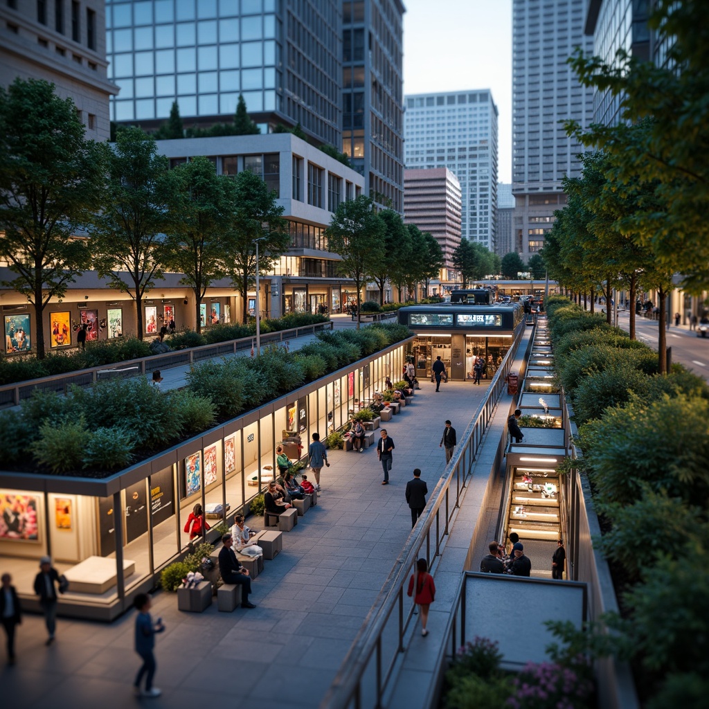 Prompt: Urban metro station, bustling city streets, vibrant street art, modern transportation hub, green roofs, lush vegetation, flowering plants, pedestrian walkways, bike lanes, public seating areas, urban furniture, stainless steel railings, LED lighting, evening ambiance, shallow depth of field, 1/2 composition, realistic textures, ambient occlusion.