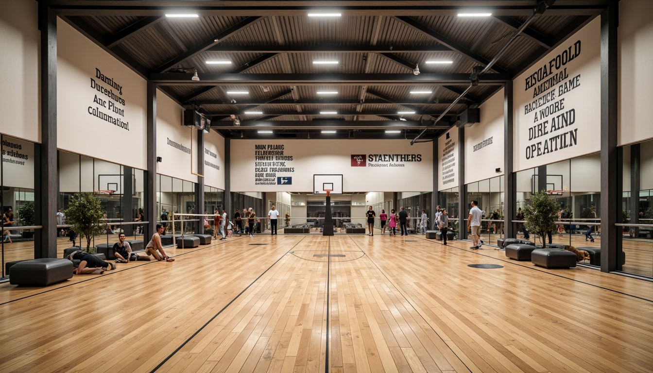 Prompt: Modern gymnasium interior, high ceilings, polished wooden floors, mirrored walls, professional sports equipment, basketball hoops, volleyball nets, athletic tracks, exercise machines, free weights, yoga mats, motivational quotes, natural light, soft warm lighting, shallow depth of field, 3/4 composition, panoramic view, realistic textures, ambient occlusion.