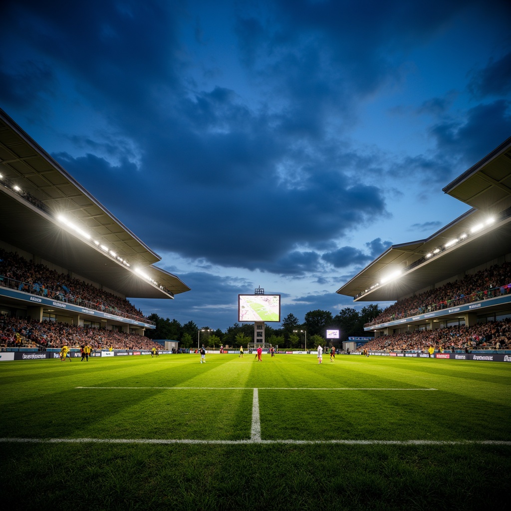 Prompt: Floodlit soccer stadium, evening atmosphere, vibrant green grass, sleek modern architecture, angular lines, cantilevered roofs, grandstand seating, player tunnels, goalposts, referee areas, LED scoreboard displays, dynamic lighting effects, high-intensity floodlights, warm color temperatures, 1/2 composition, low-angle shots, dramatic shadows, realistic textures, ambient occlusion.