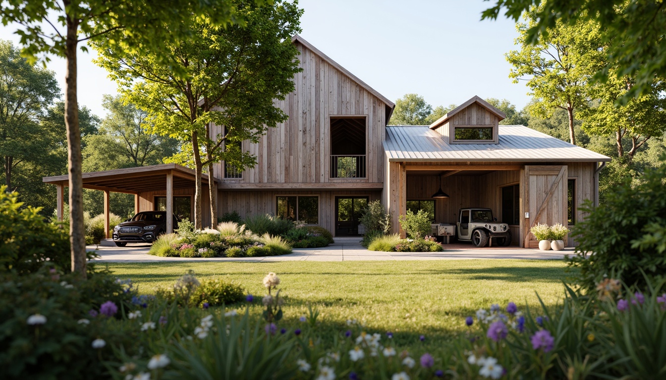 Prompt: Rustic barn, reclaimed wood textures, earthy tones, natural stone walls, corrugated metal roofs, wooden beams, vintage farm equipment, lush greenery, wildflowers, sunny day, soft warm lighting, shallow depth of field, 3/4 composition, panoramic view, realistic textures, ambient occlusion, sustainable materials, eco-friendly insulation, solar panels, rainwater harvesting systems, living roofs, organic gardens, natural ventilation systems, earthy color palette, distressed wood accents.