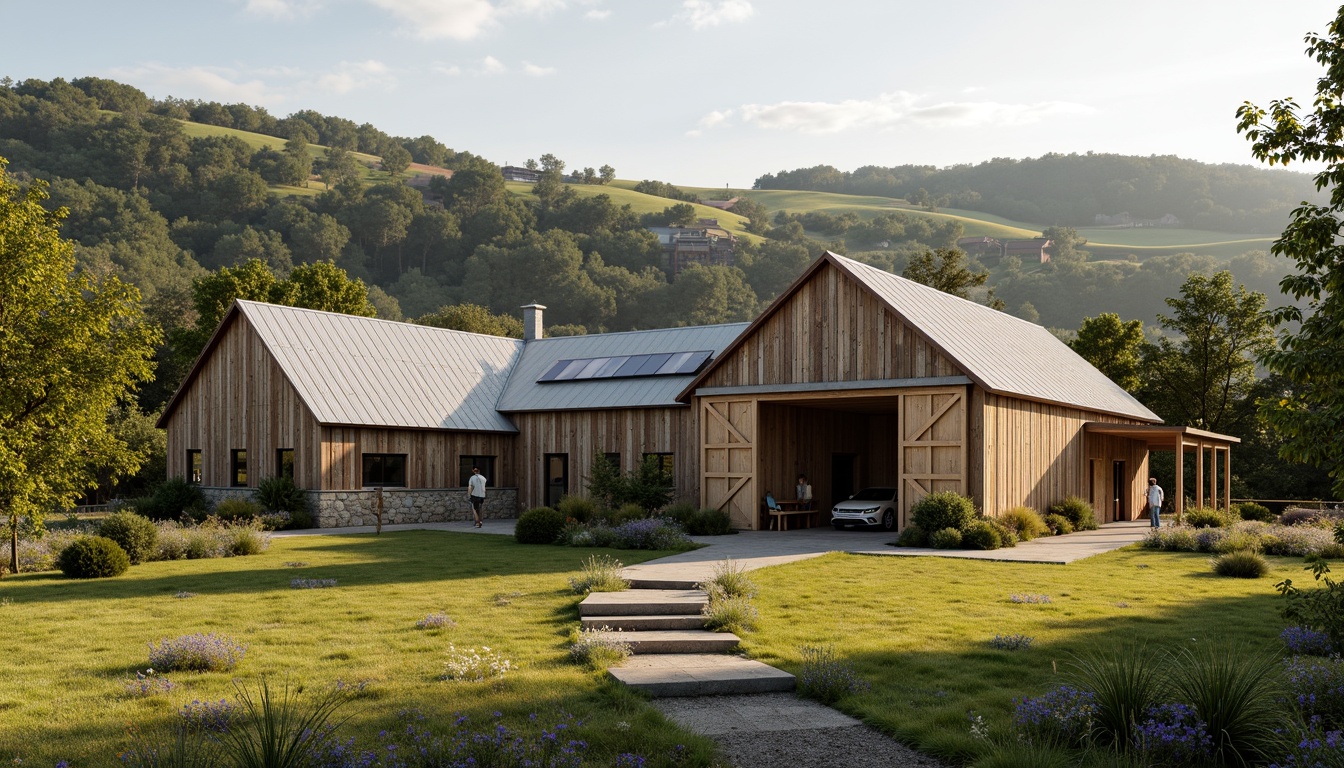 Prompt: Rustic barn, reclaimed wood, natural stone walls, corrugated metal roofs, earthy tones, rural landscape, rolling hills, green pastures, wildflowers, wooden beams, exposed brick, eco-friendly insulation, solar panels, wind turbines, rainwater harvesting systems, composting toilets, organic gardens, permaculture design, recycled materials, low-carbon footprint, passive house principles, natural ventilation, soft warm lighting, shallow depth of field, 3/4 composition, panoramic view, realistic textures, ambient occlusion.