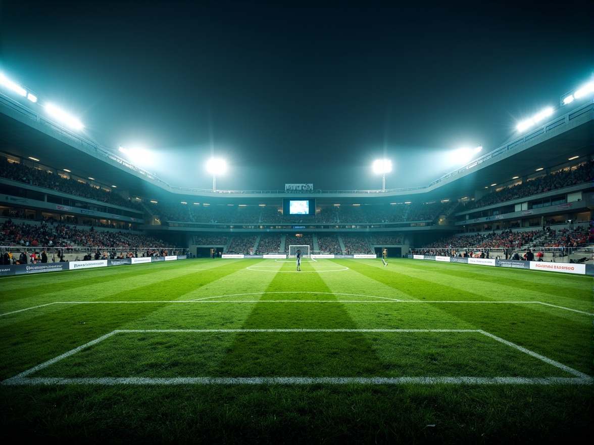 Prompt: Stadium atmosphere, lush green grass, athletic tracks, sports equipment, goalposts, floodlights, LED lighting, warm color temperature, high-contrast ratio, dramatic shadows, dynamic movement, fast-paced action, evening games, misty night air, 1/2 composition, low-angle shot, realistic textures, ambient occlusion.