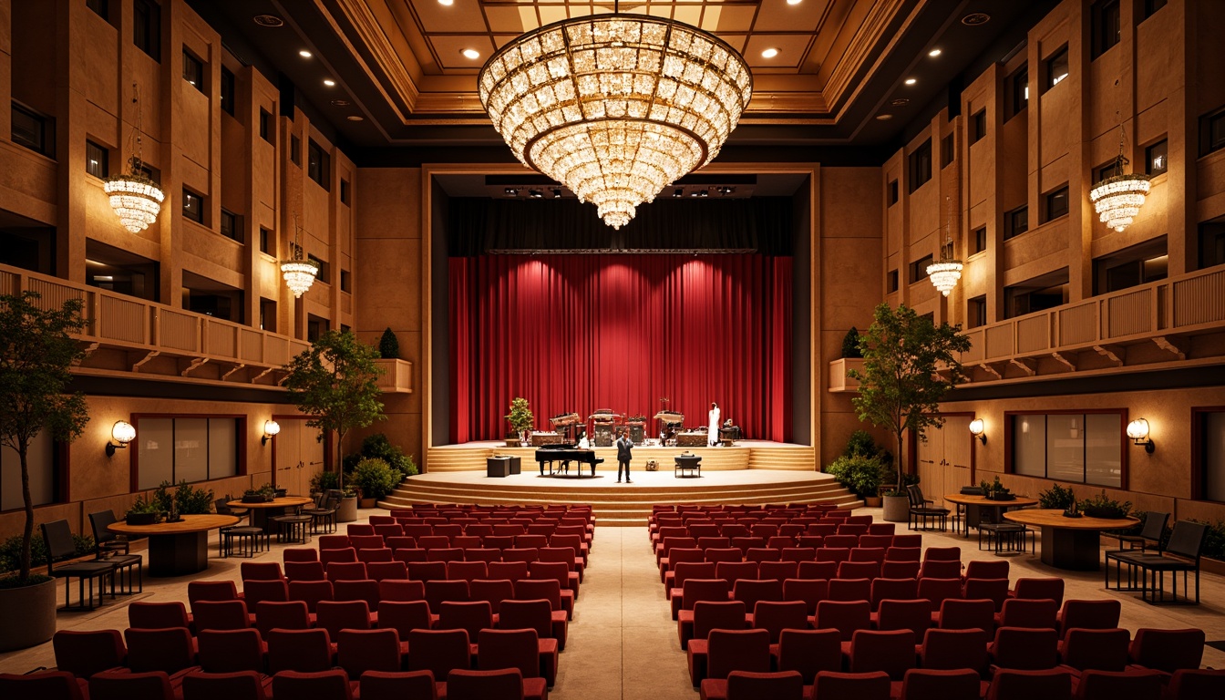 Prompt: Grand concert hall, ornate chandeliers, plush red velvet seats, polished wooden floors, acoustic panels, soundproofing materials, dramatic stage lighting, professional audio equipment, grand pianos, theatrical curtains, luxurious VIP lounges, modern minimalist decor, sleek metal railings, open-plan foyer, high ceilings, natural stone walls, warm ambient lighting, shallow depth of field, 1/1 composition, realistic textures, ambient occlusion.