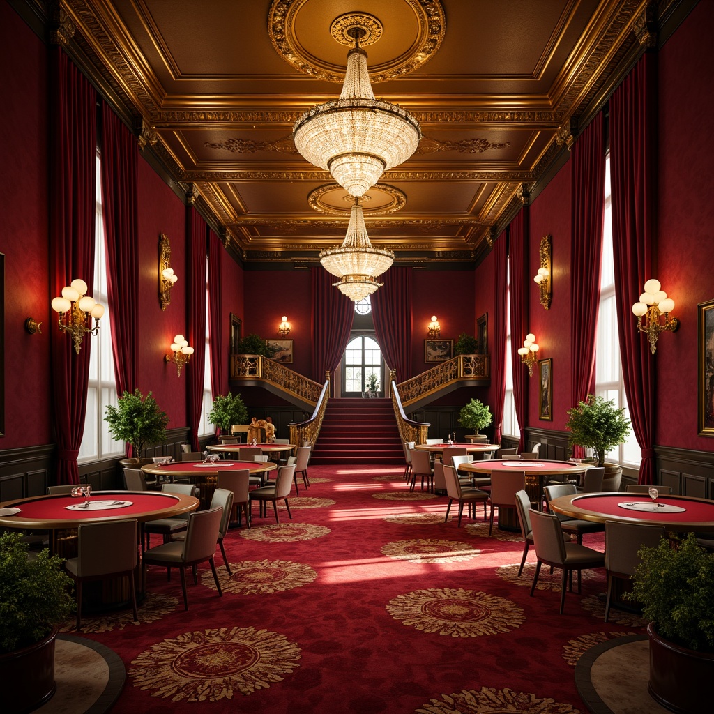 Prompt: Luxurious casino, rich velvet drapes, ornate golden accents, lavish crystal chandeliers, plush red carpets, intricate moldings, Baroque-inspired furnishings, opulent marble columns, grand staircases, warm soft lighting, dramatic spotlights, mysterious shadows, 3/4 composition, cinematic atmosphere, realistic textures, ambient occlusion.