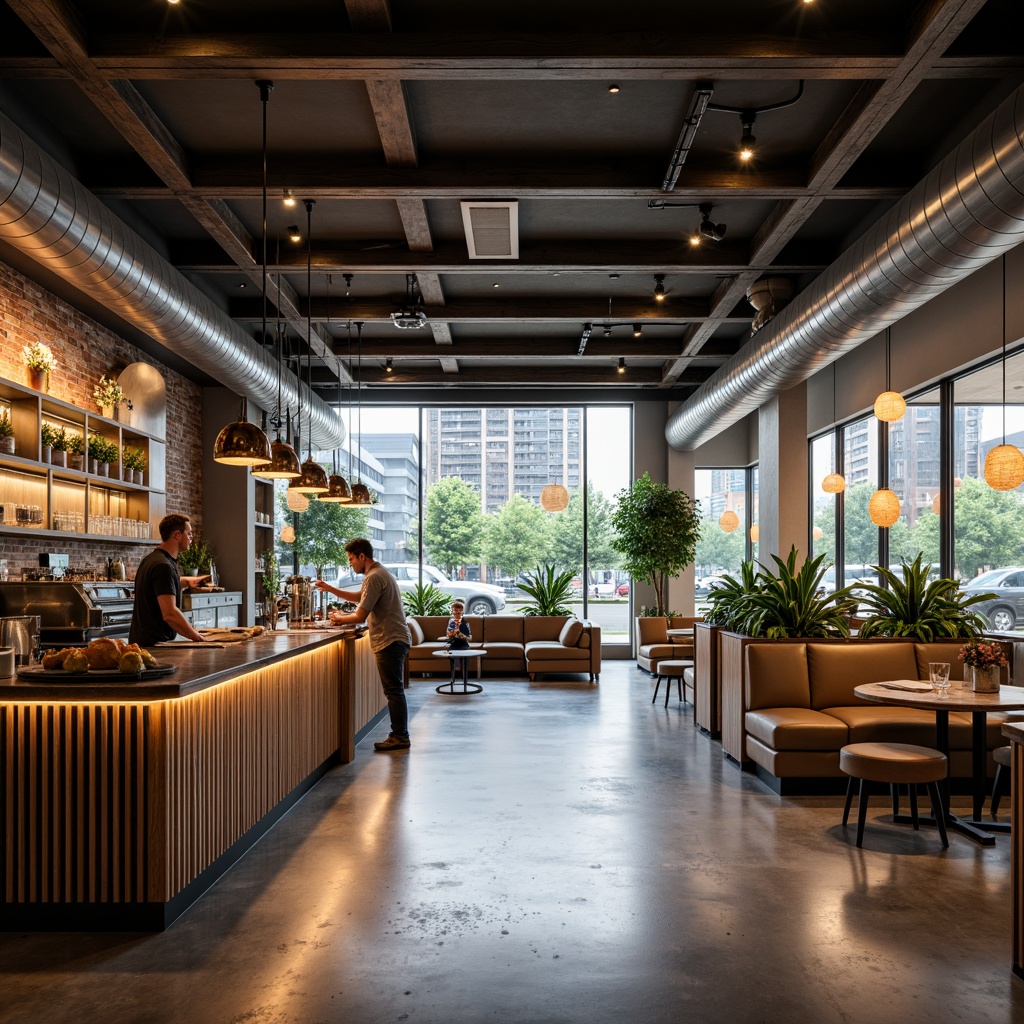 Prompt: Modern coffee shop interior, minimalist decor, sleek lines, industrial chic, polished concrete floors, exposed ductwork, reclaimed wood accents, metal beams, pendant lamps, warm ambient lighting, cozy atmosphere, comfortable seating areas, marble countertops, stainless steel equipment, urban loft vibe, natural daylight, softbox lighting, 1/2 composition, shallow depth of field, realistic textures, subtle color grading.