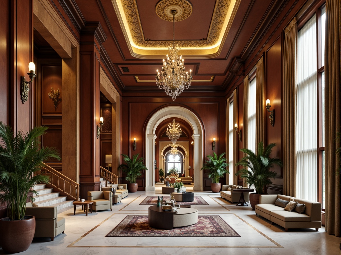 Prompt: Luxurious hotel lobby, rich wood tones, ornate furnishings, velvet drapes, golden accents, crystal chandeliers, marble floors, soft warm lighting, elegant archways, grand staircases, neoclassical columns, subtle patterned rugs, muted earthy colors, creamy whites, deep blues, emerald greens, warm beige, sophisticated ambiance, refined details, ornamental moldings, lavish textiles, intricate carvings.