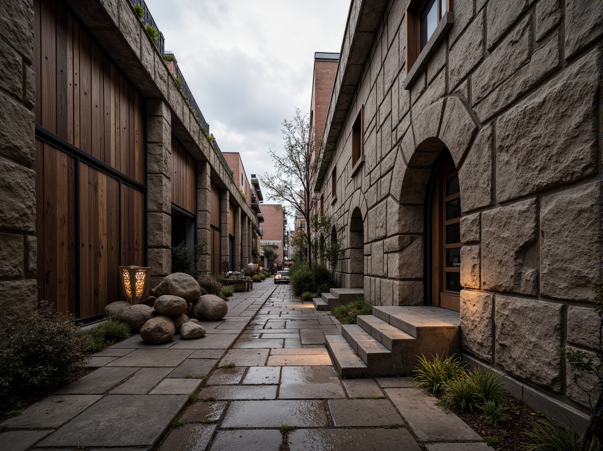 Prompt: Rustic stone walls, weathered wooden planks, rough-hewn concrete columns, tactile brick facades, ornate metalwork, intricate stonework patterns, natural rock formations, earthy tones, organic shapes, brutalist architecture, industrial chic aesthetic, urban landscape, overcast sky, dramatic shadows, high-contrast lighting, 1/2 composition, atmospheric perspective, realistic material rendering.