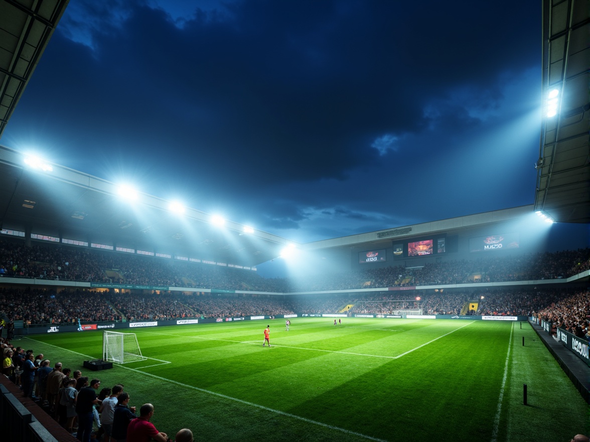 Prompt: Floodlit soccer stadium, vibrant green grass, evening atmosphere, dramatic shadows, high-intensity LED lights, uniform illumination, 3000K warm white tone, glare-free lighting, spectator seating areas, player tunnels, goalposts, scoreboards, giant video screens, dynamic light shows, pre-game entertainment, halftime performances, nighttime events, atmospheric fog effects, misty ambiance, shallow depth of field, 1/2 composition, wide-angle lens, realistic textures, ambient occlusion.